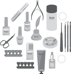 Manicure and pedicure tools or accessories, nail salon supplies in grayscale style. Hand cream, nail polish samples, file, scissors. Hand and foot care and therapy equipment.