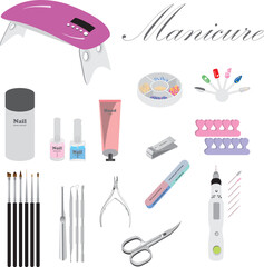 Manicure and pedicure tools or accessories, nail salon supplies. Hand cream, polish samples, files, scissors, nails care elements vector set. Equipment for hand and foot care and treatment.