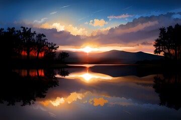 Obraz na płótnie Canvas Sunset on the field landscape Generative AI illustration