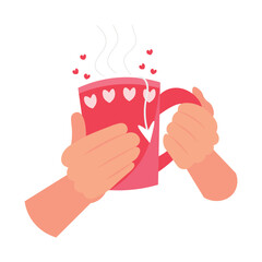Hands holding pink cup with hot tea on white background. Valentine's Day celebration