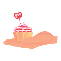 Hand holding tasty cake for Valentine's Day on white background