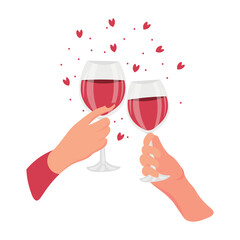 Hands of couple with glasses of red wine on white background. Valentine's Day celebration
