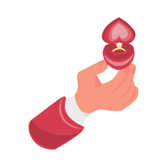 Male hand holding box with engagement ring on white background