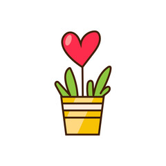 Pot with houseplant and pink heart on white background