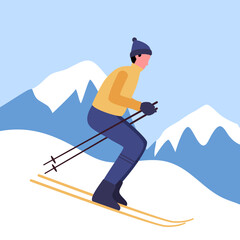 Man downhill skiing in flat design vector illustration.