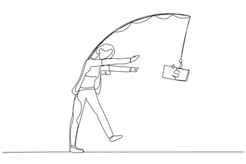 Cartoon of businesswoman walk like zombie live life with money as motivation. Single line art style