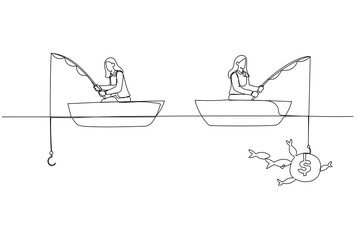 Drawing of businesswoman fishing dollar money profit sitting in boat. One line style art