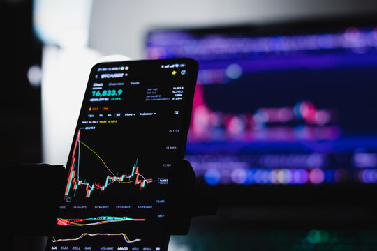 Candlestick chart showing price of crypto like Bitcoin on sideway trend in bear market display on smartphone screen.Concept: Trade cryptocurrencies with mobile.