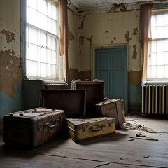 Old suitcases and trunks in an old room.	