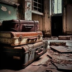 Old suitcases and trunks in an old room.	