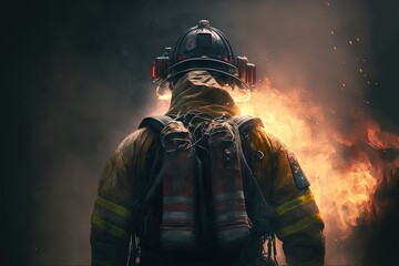 illustration in collection of career and lifestyle, live your life, fire fighter in bunker gear with flame and smoke as background