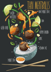 Thai Meatballs with peanut sauce. Vector illustration