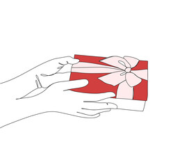 continuous drawing of gift in hands. one line graphic design vector illustration. gift cardboard box with ribbon.