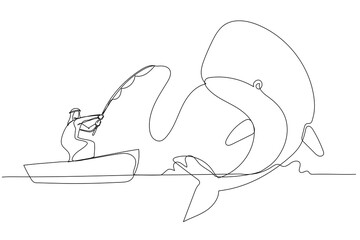 Illustration of arab businessman get big fish whale concept of catching big profit. One continuous line art style