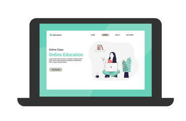 Online education. First page of the site in laptop. Girl with laptop. Online business network technology. Digital technology concept. Vector illustration.
