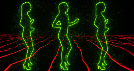 Profile luminous green silhouette of dancing girls in a dark space against the background of receding red stripes.