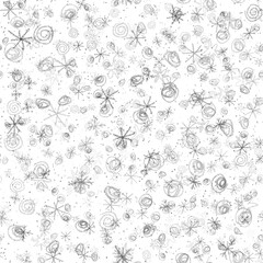 Hand Drawn Snowflakes Christmas Seamless Pattern. Subtle Flying Snow Flakes on chalk snowflakes Background. Appealing chalk handdrawn snow overlay. Brilliant holiday season decoration.