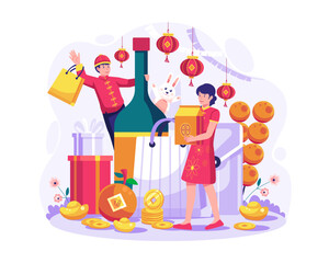 Chinese new year shopping illustration. Happy a couple buy plenty of new year's groceries. Vector illustration in flat style