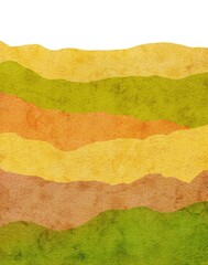 Abstract textured background with hues of yellow and green shapes, illustration with watercolor texture, silhouette of mountain hills