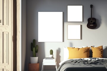 illustration of mock-up wall decor frame is hanging in minimal style, empty frames in bedroom	, artist bed room 