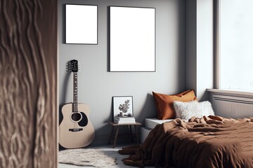 illustration of mock-up wall decor frame is hanging in minimal style, empty frames in bedroom	, artist bed room 
