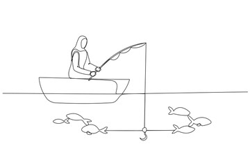 Illustration of muslim woman try to get fish but not getting one concept of unsuccessful. Single line art style