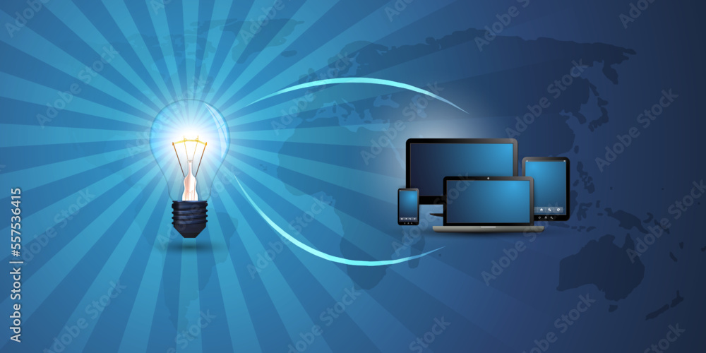 Poster blue glowing radiating light bulb,ideas,creativity in technology - concept design, dark world map be