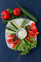 Platter of assorted fresh vegetables with dip