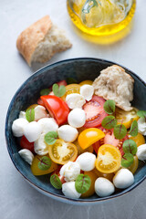 Bowl of tomato salad with mini mozzarella balls and fresh beetroot leaves, vertical shot on a light-grey stone background
