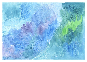 Abstract decorative hand painted watercolour blue green color background. Marble texture. Horizontal illustration.