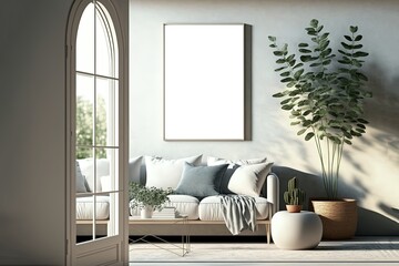 illustration of mock-up wall decor frame is hanging in cozy minimalism living room with comfort sofa