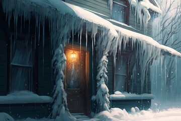illustration of house cover with ice and snow, window with icicle, extreme weather, dangerous freezing blizzard in winter time