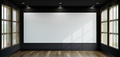 Big empty room  with black wall background,  Arch Window, wooden floor, Living room - 3D Rendering