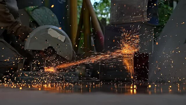 Blacksmith or welder works circular saw. Sparks fly from hot metal. with grinding smooth iron and steel in slow motion  touching grinding wheel with iron sparks concept: working, locksmith industry