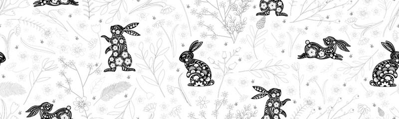 Seamless Rabbit Paper Cut with Doodle cute Flower,leave on White background,Vector Chinese New year Zodiac 2023 sign element,Fabric Pattern Easter Bunny with Floral fancy hare for Print Wrapping Paper