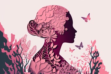 paper craft illustration of beautiful woman decorated with flora flowers and butterfly, idea for women's day background