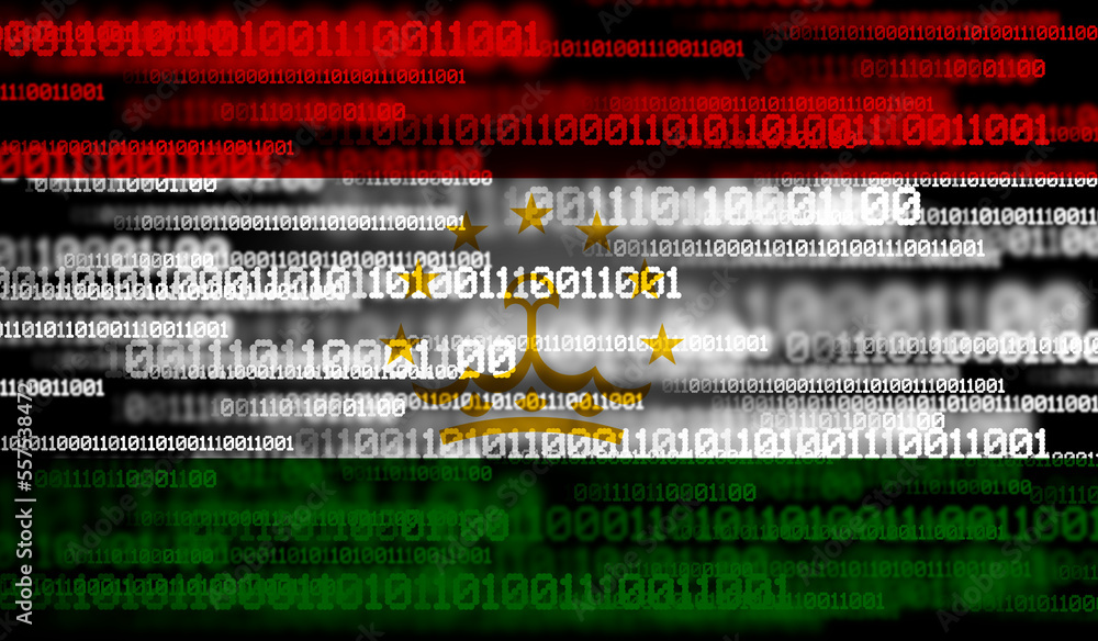 Aufkleber flag of tajikistan on binary code. modern technology concept.