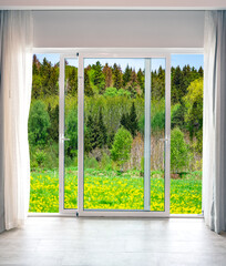 nature landscape with through a window with curtains