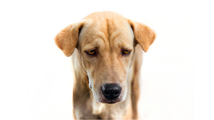 eyes of seriuse dog have aquestion fase on white isolated background