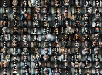 Menschen Collage mit Schutzmaske gegen Corona Ansteckung Pandemie, AI generativ