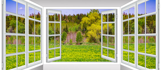 nature landscape with through a window with curtains