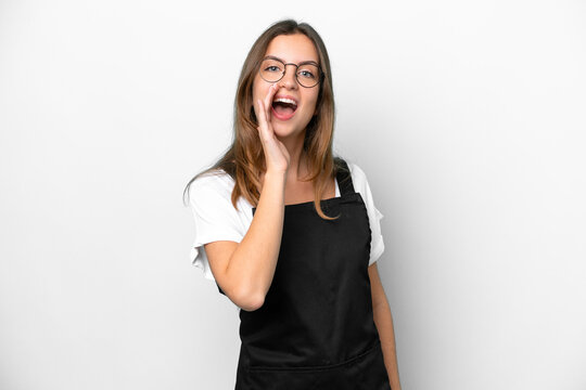 Young Caucasian Restaurant Waiter Woman Isolated On White Background Shouting With Mouth Wide Open