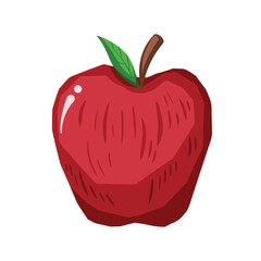 Red fresh apple vector illustration with leaf isolated on plain white background. Fruit plant food cartoon drawing with simple flat art style and colors without outline.