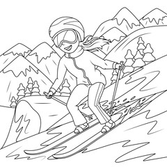 The girl is skiing in the mountains. Coloring book for children. vector illustration