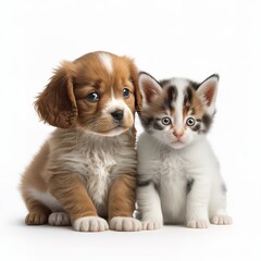 Obraz premium Baby kitten and puppy together. isolated on white background. Generative AI