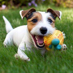 Happy Jack Russell Terrier pet dog playing with toy at back yard lawn. Generative AI