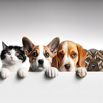 Row of the tops of heads of cats and dogs with paws up, peeking over a blank white sign. Sized for web banner or social media cover. Generative AI