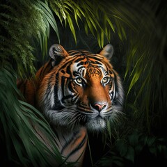 Fototapeta na wymiar Sumatran tiger (Panthera tigris sumatrae) is a rare tiger subspecies that inhabits the Indonesian island of Sumatra. Generative AI