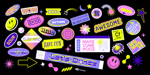 Fototapeta Cool y2k acid rave retro stickers with smile faces, cartoon comic label patches, festival bracelet. Music party vaporwave stickers in geometric shapes. Vector illustration of 90s graphic design badges obraz
