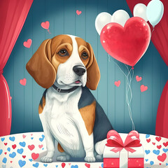 The beagle dog is sitting on a bed in a room decorated with balloons and hearts. Happy Birthday or Valentine's Day greeting card. Generative AI
